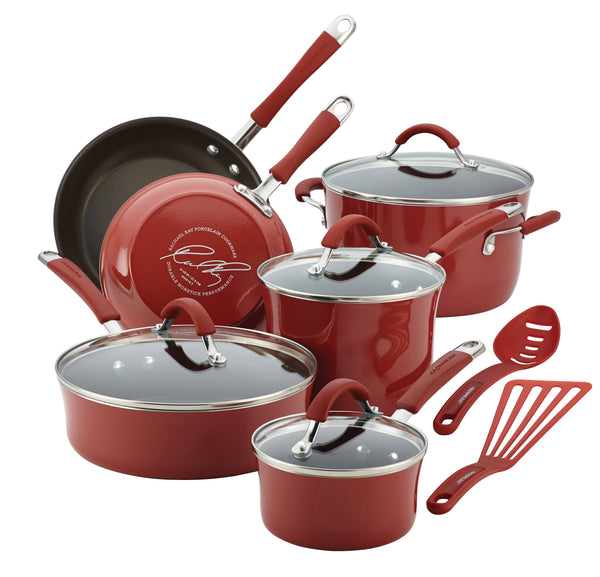 Rachael Ray Cucina Hard Enamel 12-Piece Cookware Set, Red