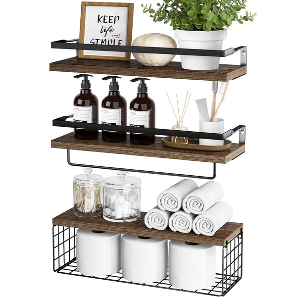 RYOFOBETTO Bathroom Shelves, Floating Shelves with Storage Basket, Over Toilet Paper Holder Storage Shelves, Wall Mounted Rustic Wood Shelves for