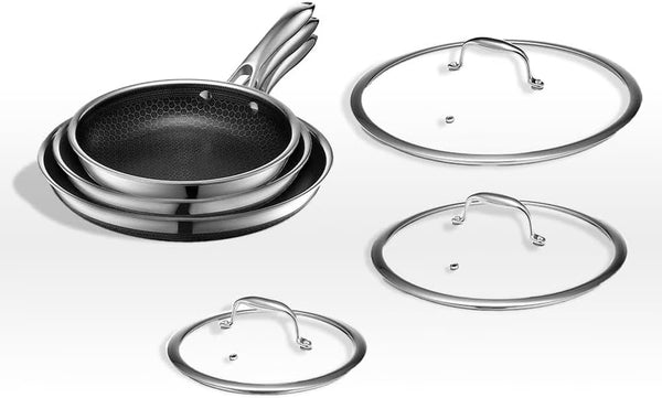 Hexclad 6 Piece Hybrid Stainless Steel Cookware Pan Set 8", 10", 12" with Glass Lids