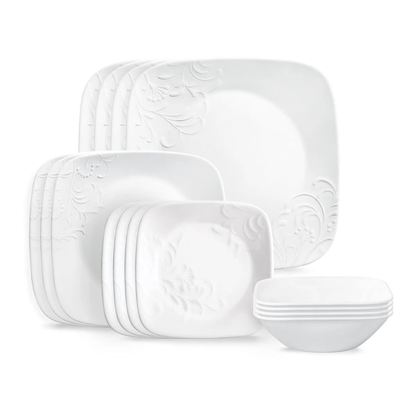 Corelle Cherish 16 - Piece Embossed Square Glass Dinnerware Set (Service for 4)