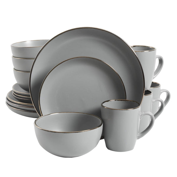 Gibson Home Rockaway Round Stoneware Dinnerware Set Service for 4 (16pcs) Grey/Gold Rim