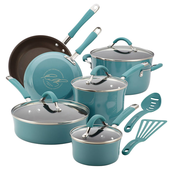 Rachael Ray 16344 Cucina Hard Enamel Nonstick 12-Piece Cookware Set, Agave Blue