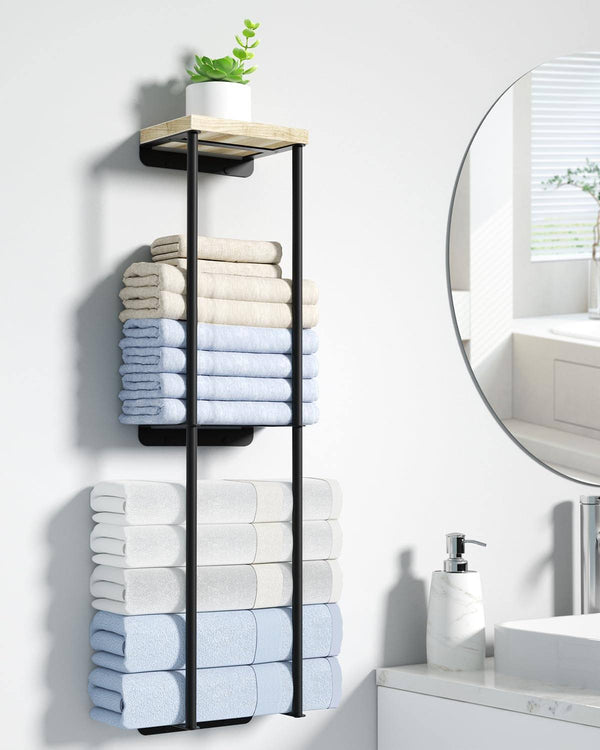 Nroech Towel Racks for Bathroom 2 Tier Wall Towel Holder with Wood Shelf Metal Wall Towel Rack Mounted Towel Storage for Small Bathroom
