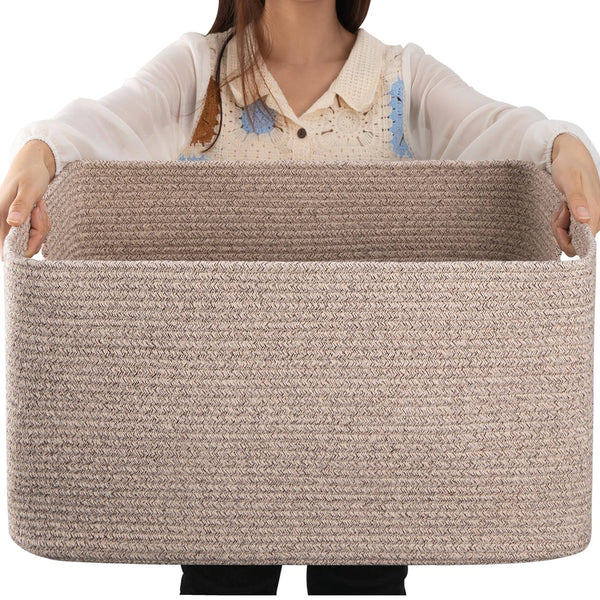 OIAHOMY 70L Large Cotton Rope Basket 22x17x12, Woven Nursery Laundry Blanket Basket,Storage Basket with Handle,Brown Variegated