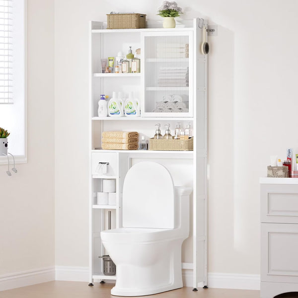 Over the Toilet Storage Cabinet with Acrylic Door Panel and Paper Towel Drawer, Bamboo Space Saver Shelf, Bathroom Organizer Rack Above WC (without
