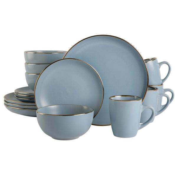 Gibson Home Rockaway Gold 16-Piece Stoneware Dinnerware Set Matte Blue