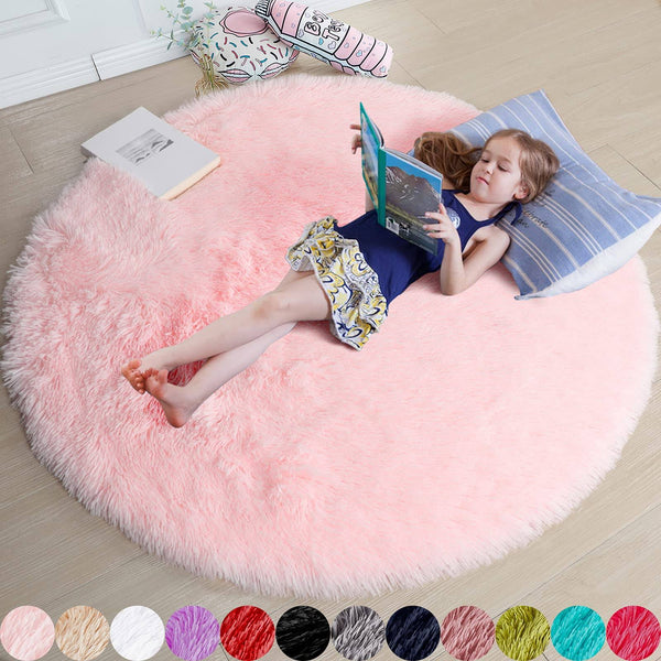 Amdrebio Pink Round Rug for Girls Bedroom,Fluffy Circle Rug 4'x4' for Kids Room,Furry Carpet for Teen Girls Room,Shaggy Circular Rug for Nursery