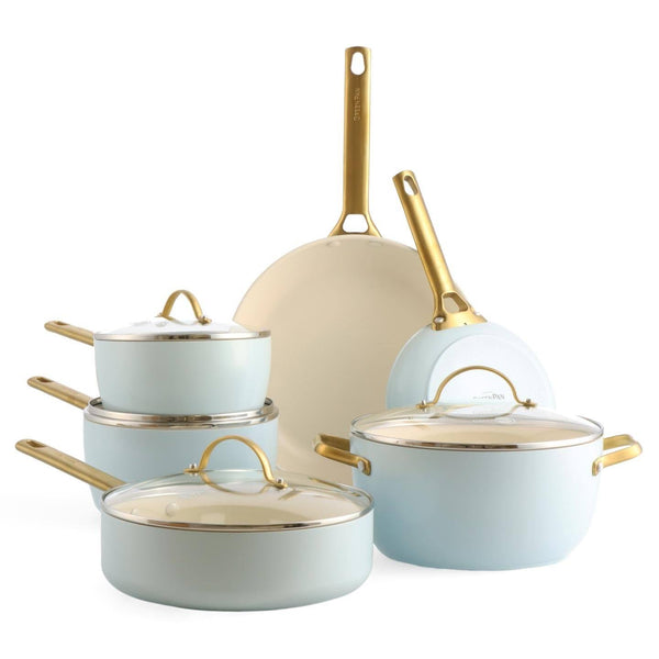 GreenPan Reserve Hard Anodized Healthy Ceramic Nonstick, 10 Piece Cookware Pots and Pans Set, PFAS-Free, Dishwasher Safe, Smokey Blue